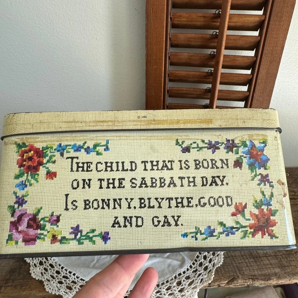 Vintage Carrs of Carlisle England Metal Tin Monday Child Needlepoint Design
